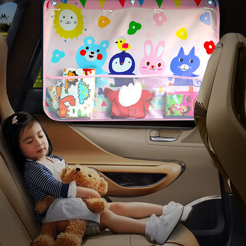 Parasol para ventana lateral de coche, cortina de protección UV ajustable de dibujos animados, cubierta de persiana con bolsillo de almacenamiento para bebé