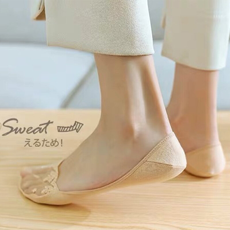 Hot 1 Paar Soild farbe Bestickt druck Frauen Socken Spitze Rutschfeste Unsichtbare Socken Geeignet für high heels