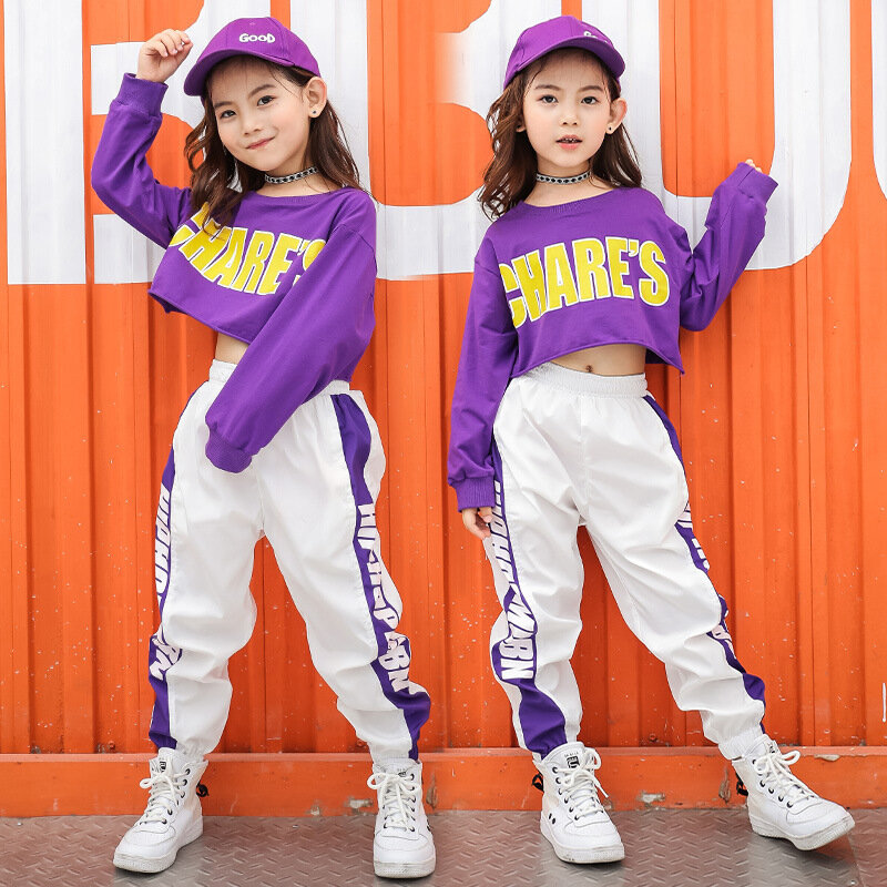 Criança legal hip hop roupas moletom colheita topo manga longa t camisa camisa camisa branca jogger streetwear calças para meninas jazz dança roupas