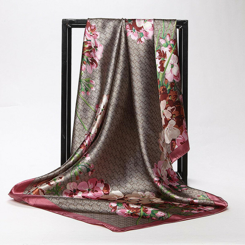 Kobiety jedwabny szalik moda kwiat drukuj kwadratowe szale na głowę pani luksusowej marki szale jedwabne kobiety szalik Foulard Satin hidżab 90*90cm