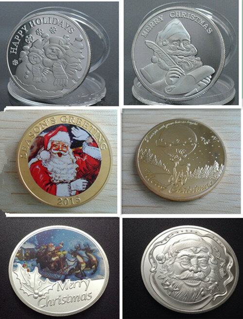 Mélange de 3 pièces (1 ensemble) de pièces de monnaie colorées plaquées argent et or, pour la saison des cadeaux de joyeux noël et du nouvel an