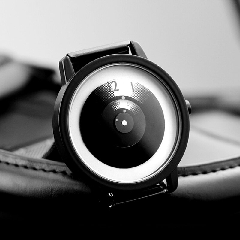 No puntero Plataforma creativa relojes de los hombres de moda casual de cuero de las mujeres reloj de cuarzo esfera única diseño unisex negro pulsera