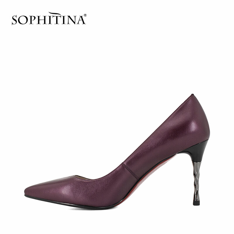 Sophitina marca bombas de couro genuíno sexy dedo do pé apontado super salto espiral rasa sapatos festa nova carreira bombas elegantes w18