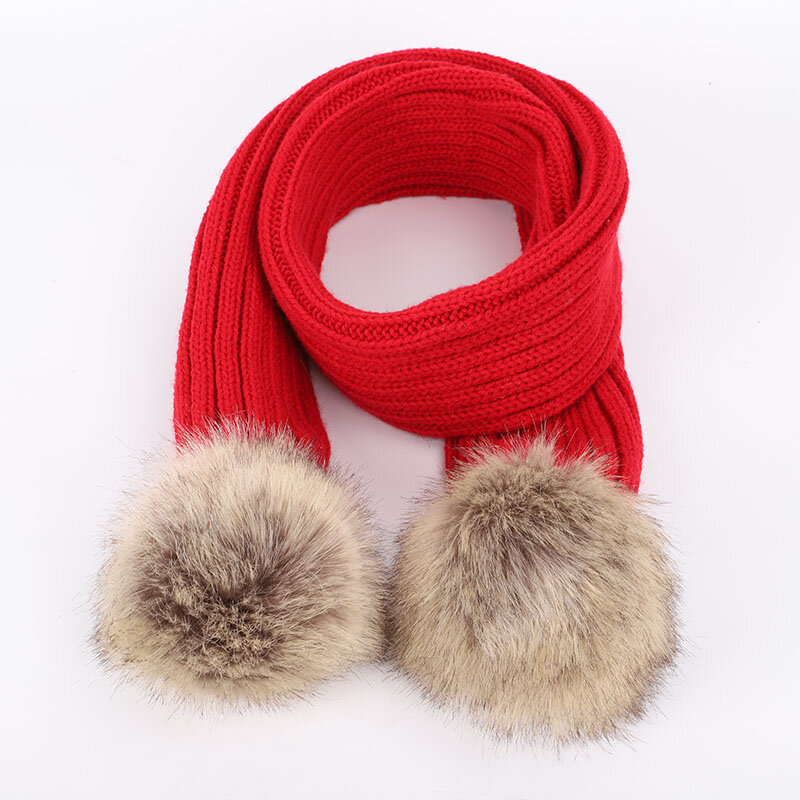 Children's knit autumn and winter warm and comfortable solid color scarf boys girls universal raccoon fur pom-pom kids Scarves