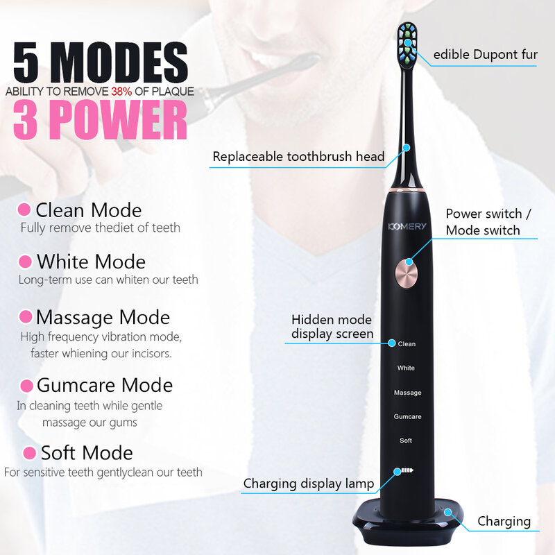 KOMERY Ultrasonic Sonic Electric Toothbrush For Adults Magnetic Charging Waterproof IPX7 50,000 r/min 4 Pcs DuPont Replacement