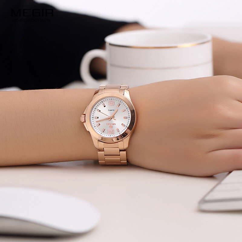 Megir relógio analógico quartzo feminino, de pulso de aço inoxidável 5006lre