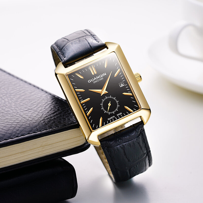 Guanqin nova moda retângulo relógio masculino high end relógio de quartzo calendário completo pequeno segundo dial couro banda relogio masculino