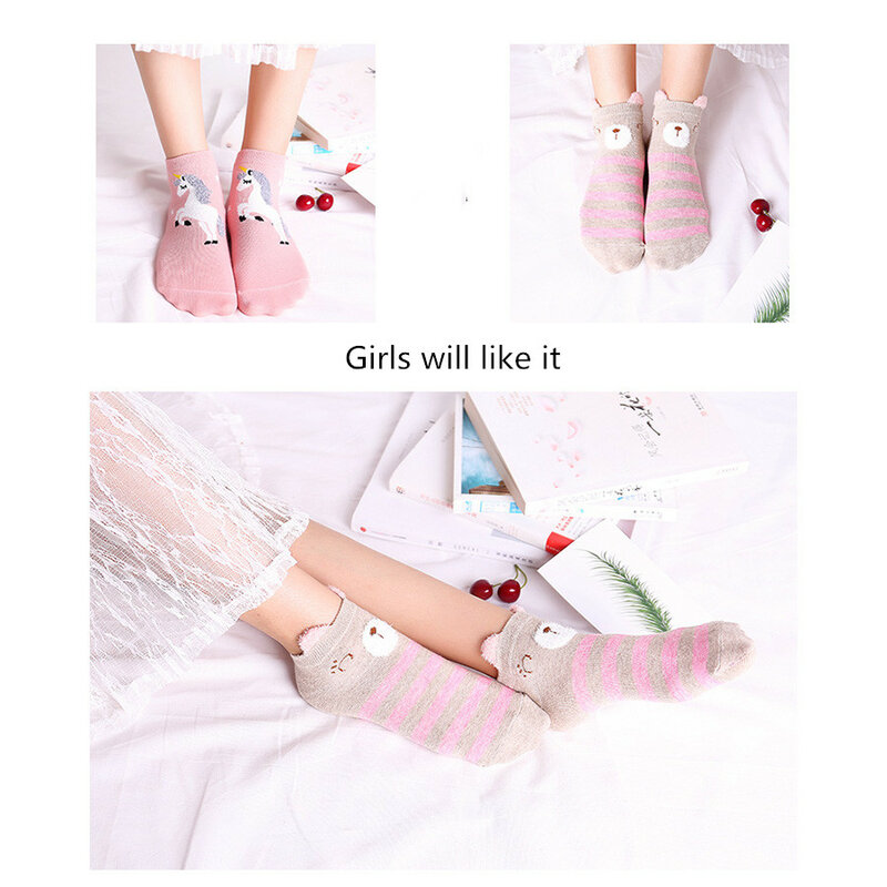 5Pairs/lot Kids Ankle Socks Cute Children Unicorn Socks For Girls Boys Seamless Ankle White Soft Cotton Socks 6 8 10 12 Years