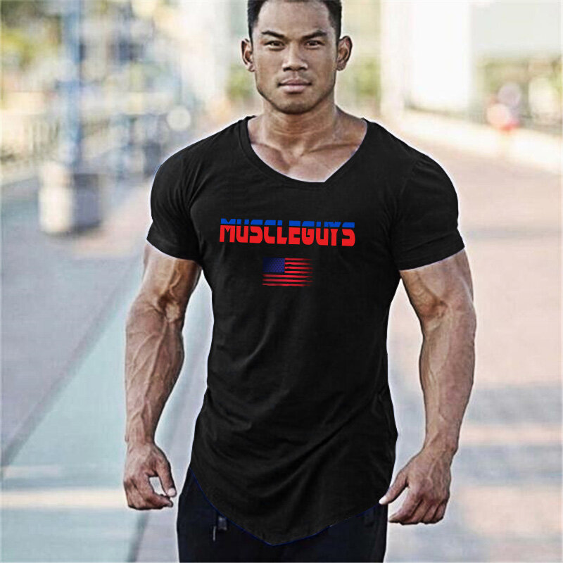 Muscleguysブランドのスポーツ半袖フィットネスtシャツボディービル服フィット圧縮シャツ男性ジムtシャツ