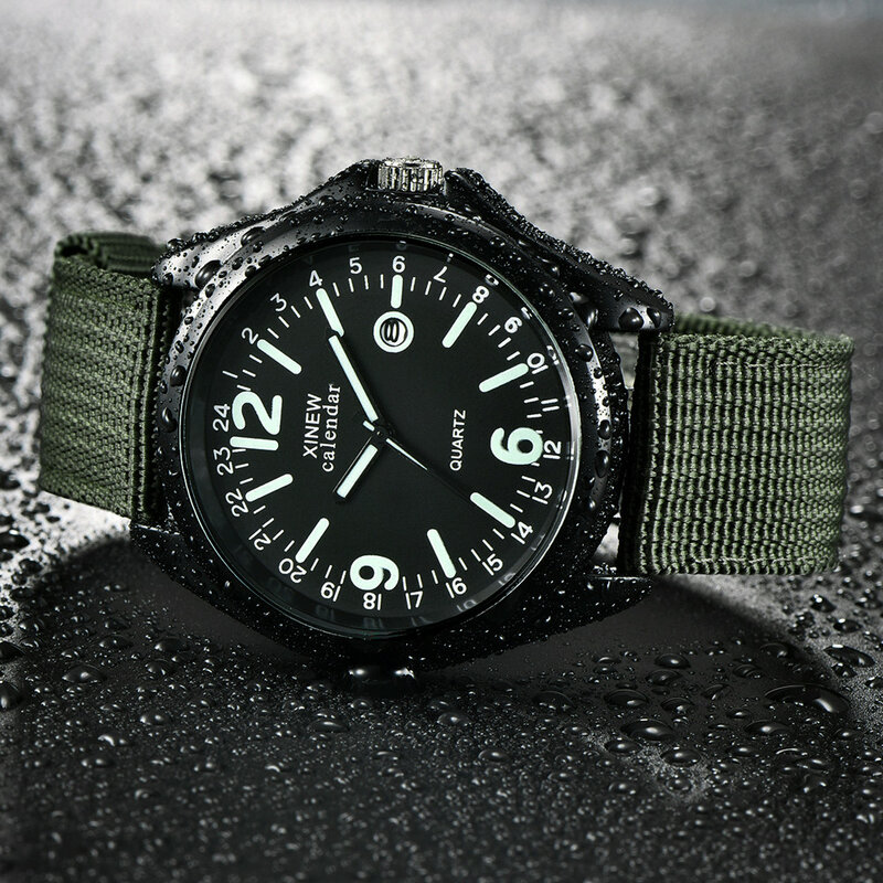 ساعة يد كوارتز للرجال مع كلمات مضيئة ، عسكرية ، جيش ، فاخرة ، تاريخ ، رياضية