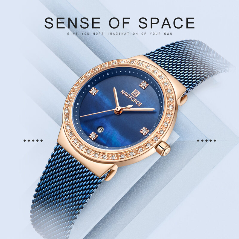 Naviforce-レディースクォーツ時計,シンプルなステンレススチールメッシュ腕時計,ピンクゴールドとブルー