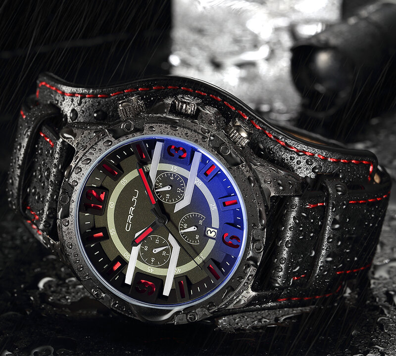 Часы CRRJU Мужские кварцевые с хронографом, люксовые Брендовые спортивные водонепроницаемые наручные, с кожаным ремешком
