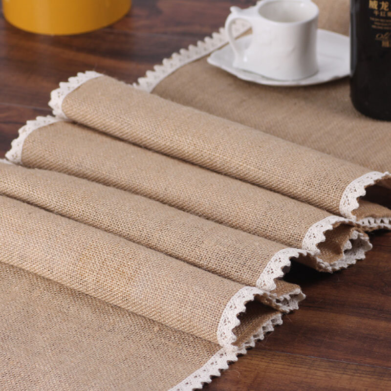 HAZY Jute Table Runner  Vintage Natural Burlap Lace Table Runner for Wedding Birthday Party Restaurant and Hotel Decoration