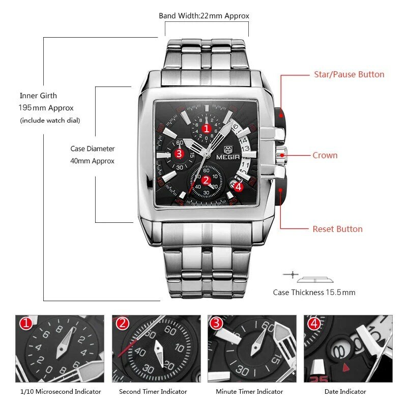 Foto real!! Megir-relógios masculinos de luxo top marca criativa relógios de pulso de quartzo de aço inoxidável relógios masculinos