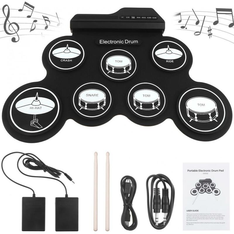 Portable Electronic Digital USB 7 Pads Roll up Drum Set Silicone Electric Drum Kit with Drumsticks and Sustain Pedal