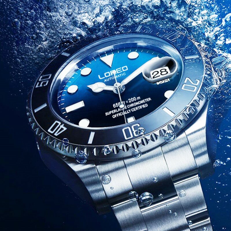 Montre homme loreo relógio de mergulho 200m à prova dwaterproof água relógio mecânico men automático safira calendário hd luminosa gaivota relógios