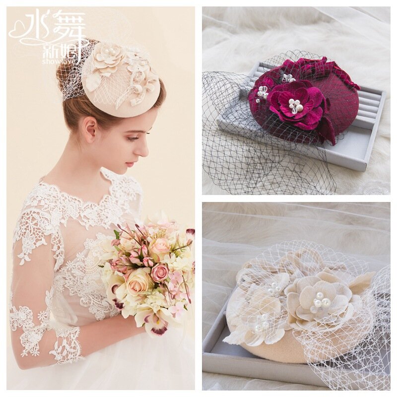Nuovo arrivo Popin camoscio perla decorato fiori cotone lino granatina cappello da sposa/puntelli foto/accessorio per feste 1051