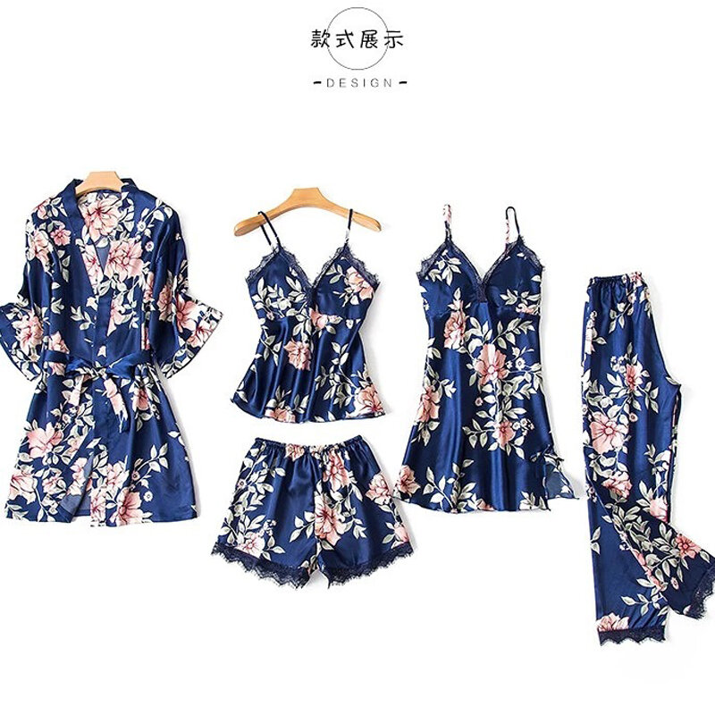 Conjunto de pijama feminino rendas guarnição cetim pijamas pour femme verão pijamas com calças casual casa usar kimono robe vestido