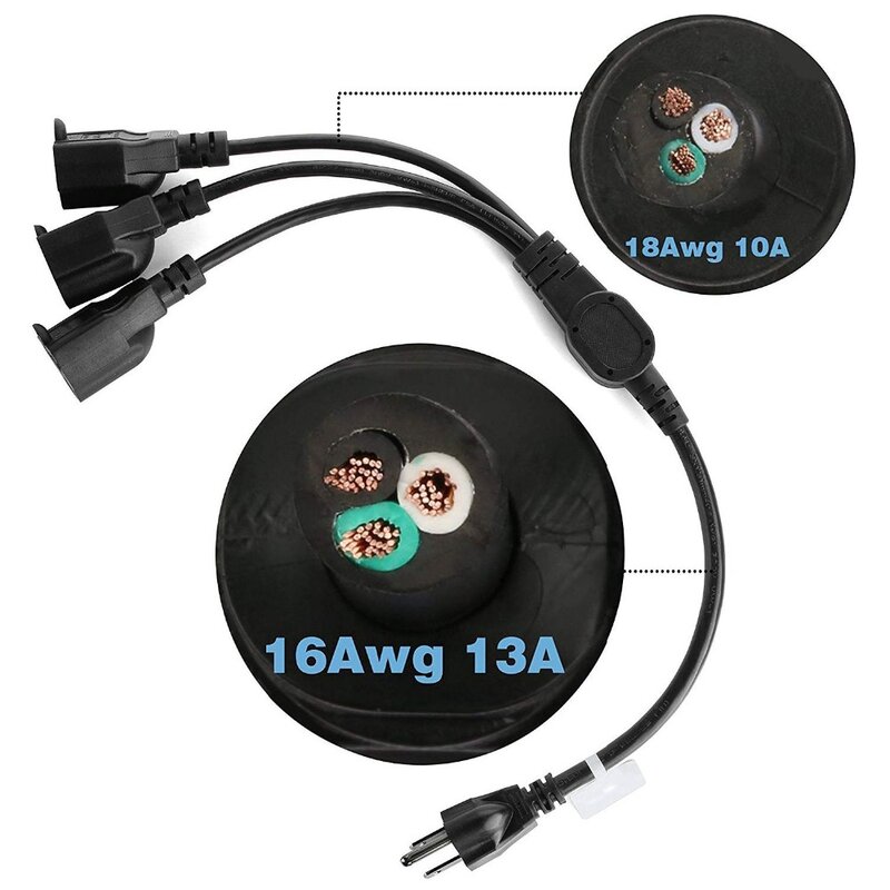 Cable divisor de 1 a 3, extensión de alimentación de 20 pulgadas (50CM), tira de cables de salida Saver-16AWG enchufe estadounidense