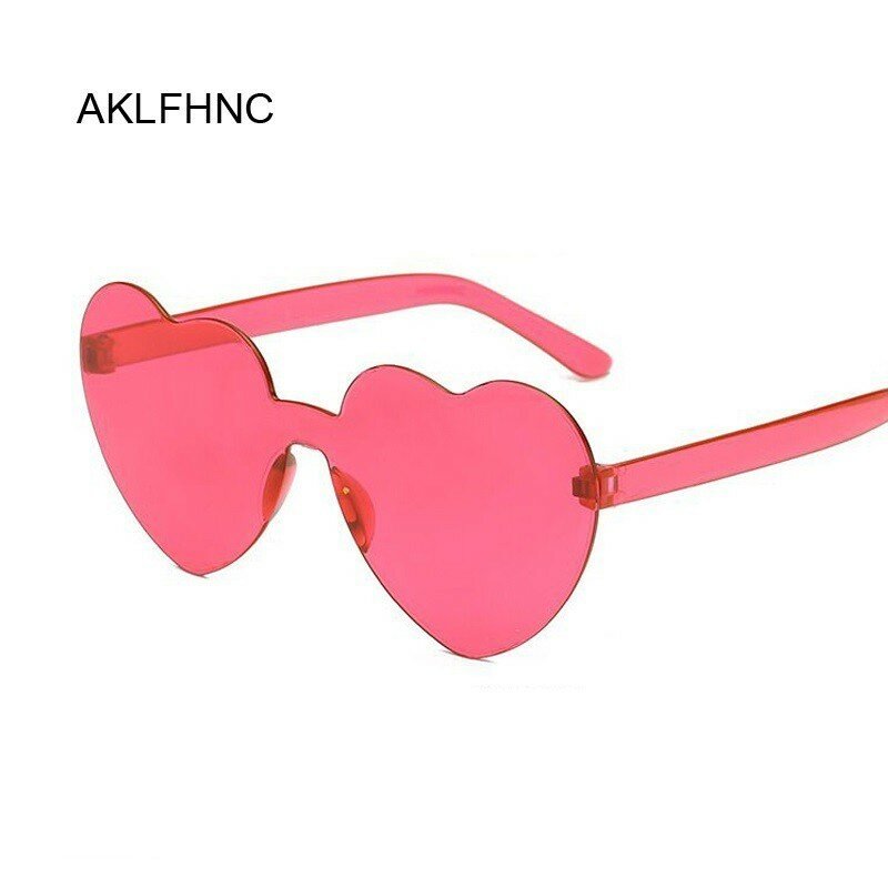Óculos de sol em formato de coração, óculos feminino sem aro lentes coloridas cores vermelho rosa amarelo para viagem