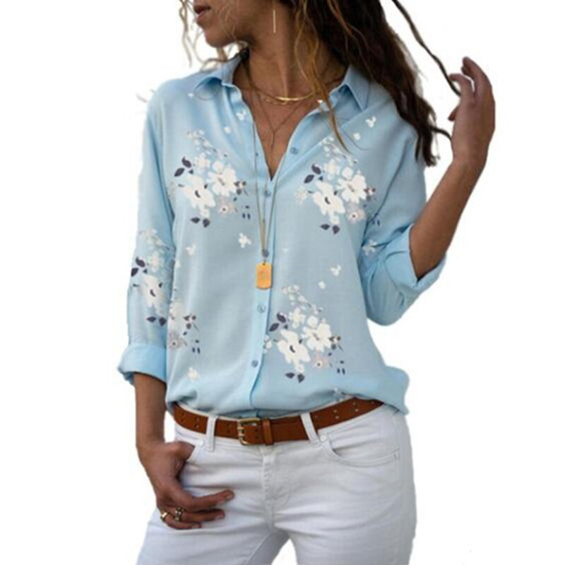 Feminino floral impresso botão para baixo manga comprida blusa topos tamanhos grandes nyz shop
