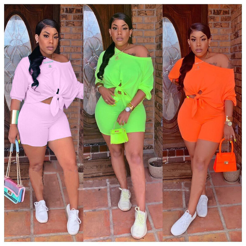 2019 women new summer three quarter length sleeve tie up hem off shoulder top shorts suit two piece set tracksuit outfit Q5102