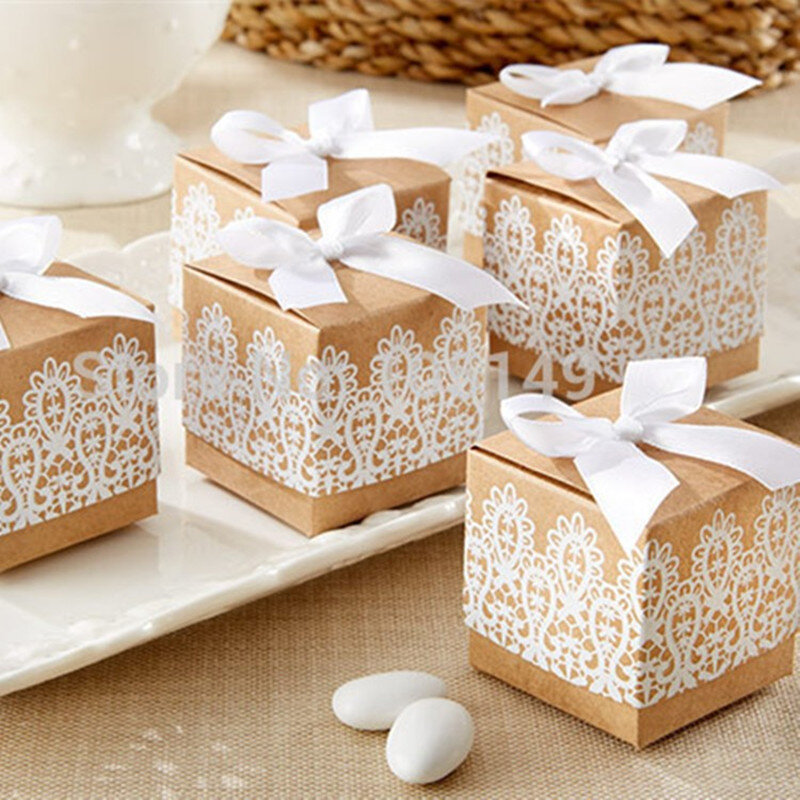 Cajas de papel de decoración para dulces, caja de regalo rústica y de encaje Kraft con cinta para boda y fiesta, 50 Uds.