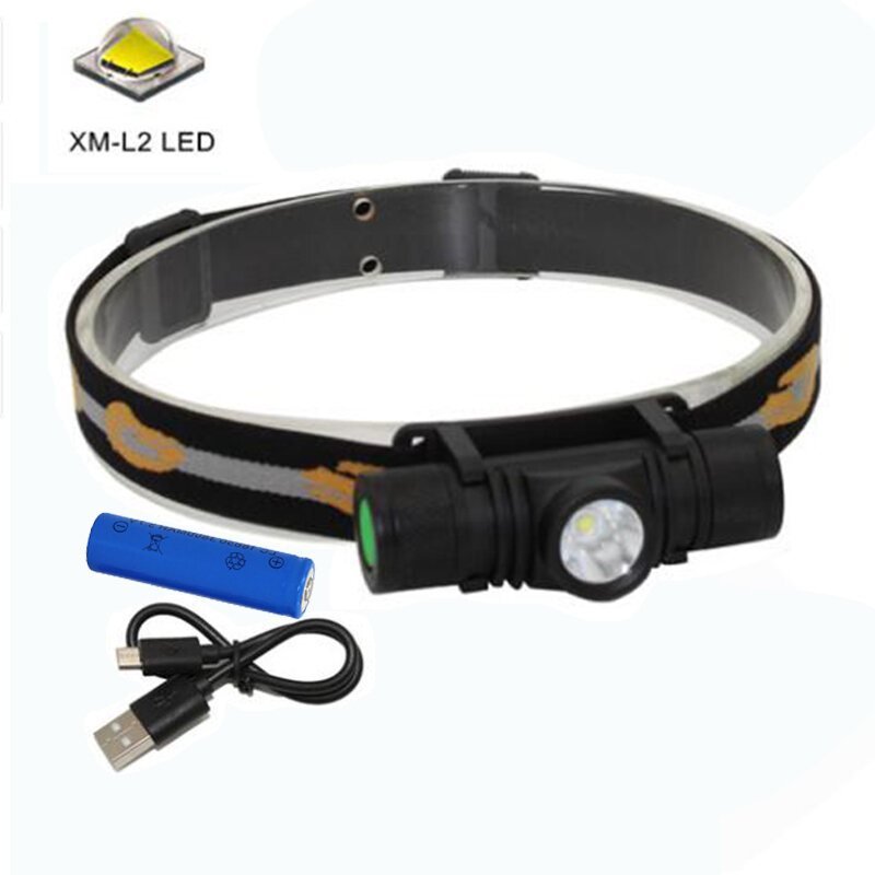 Faro LED de XM-L2 recargable por USB, linterna de cabeza impermeable con Zoom de 4 modos, batería 18650 y cargador USB
