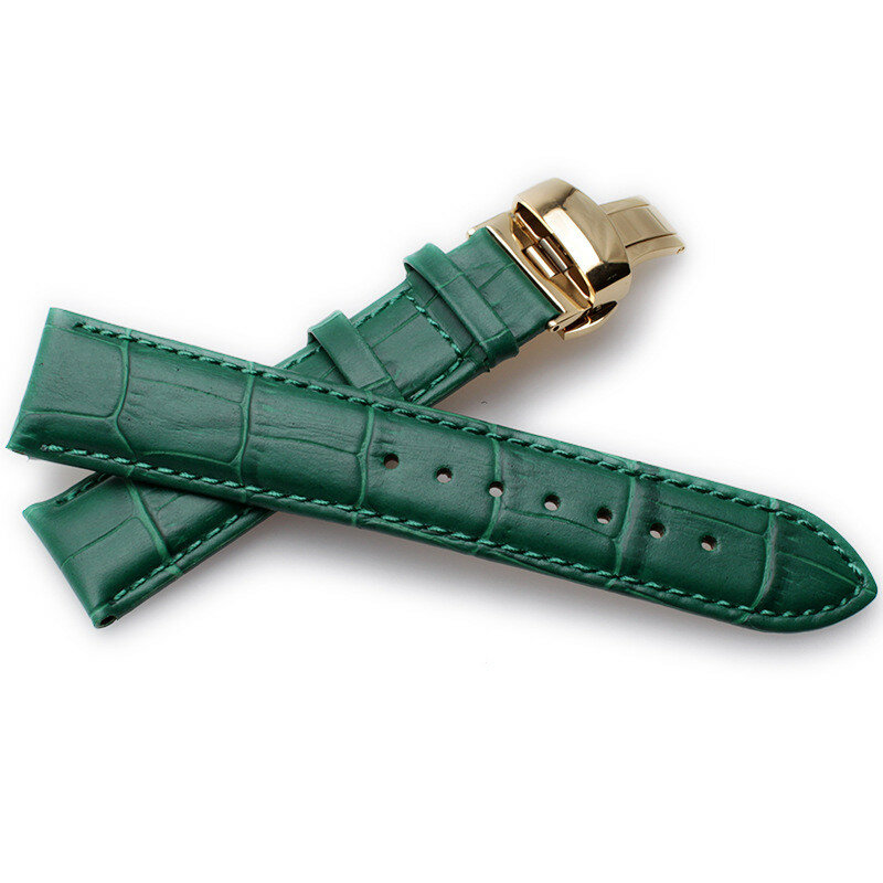 Bracelet de montre en cuir véritable, Grain de bambou vert, boucle papillon, pour hommes et femmes, 12mm 14mm 16mm 18mm 20mm 22mm
