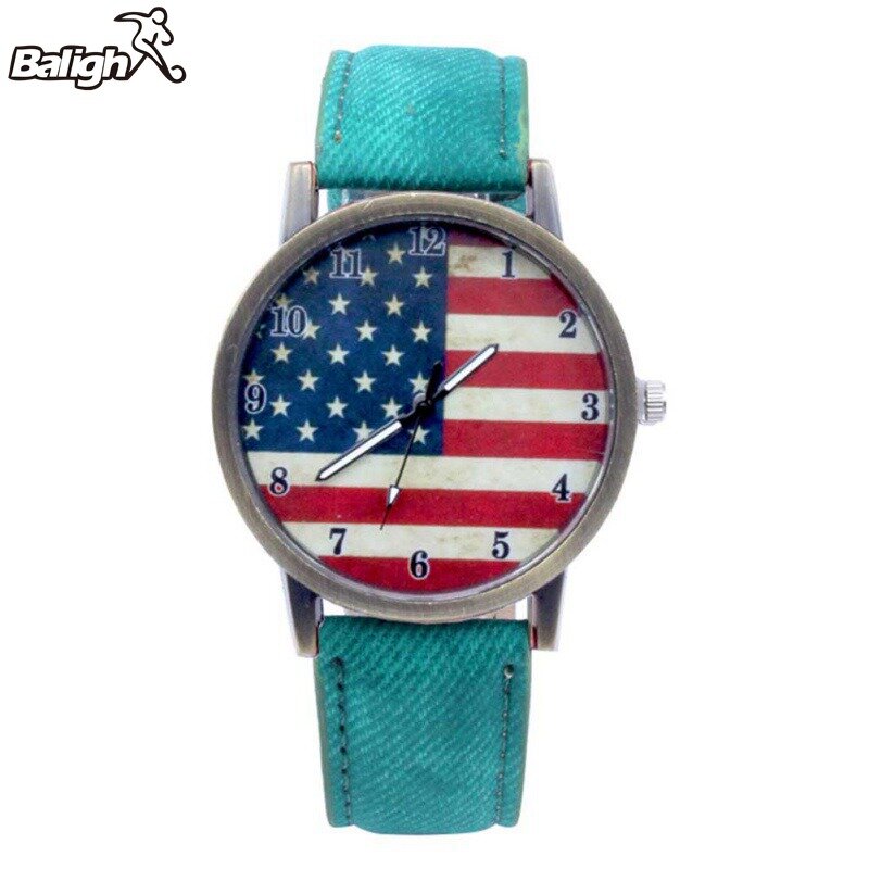 Reloj de lujo para parejas, reloj de cuarzo con correa de cuero con patrón de bandera estadounidense para mujer, Unisex