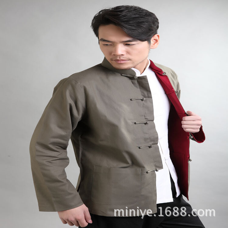 Cina Tradtional Kostum Pria Double-Faced Linen Jaket Mantel Ukuran M - 3XL