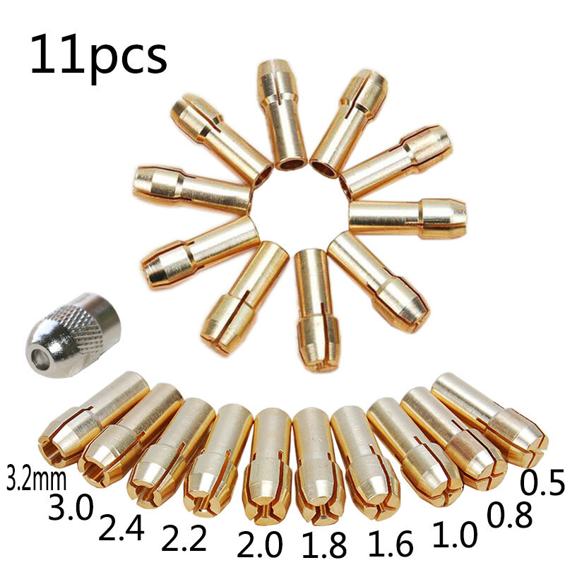 Mini mandrins de forage à pince en laiton, 11 pièces, dont 0.5/0.8/1.0/1.2/1.5/1.8/2.0/2.4/3.0/3.2mm