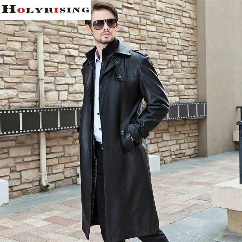 Gabardina larga de cuero sintético para hombre, abrigo clásico de color negro con cuello vuelto, estilo informal, M-4XL de otoño e invierno