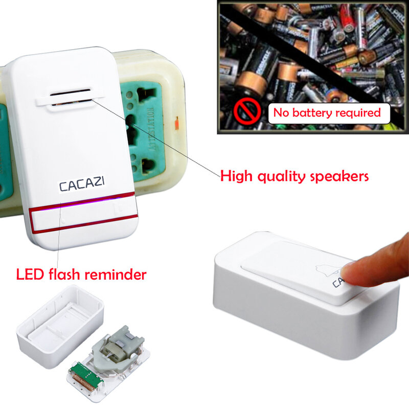 CACAZI Bianco Nessuna Batteria di Bisogno Campanello Senza Fili Impermeabile Intelligente Campanello per Porte EU/spina DEGLI STATI UNITI Senza Fili Anello Campanelli Remote AC 110 V-220 V