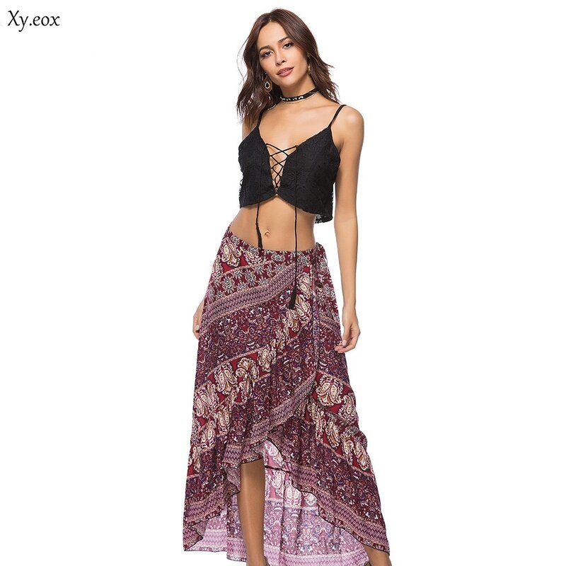 Summer new elegant casual bohemian seaside holiday printing lace-up women's skirt irregular skirt
