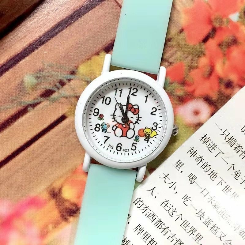 Relógio de quartzo texturizado com pulseira de silicone fofo de gato desenho animado, relógio de quartzo para meninas