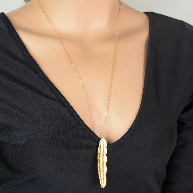 1pc moda das mulheres do vintage longo colar de jóias metal cor ouro simples pena pingente colares colar