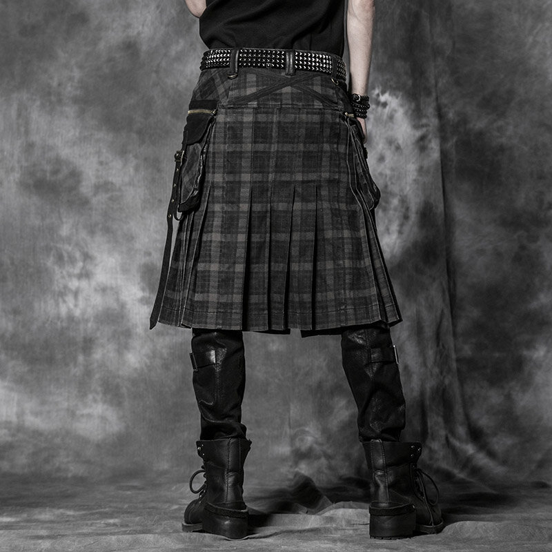 Brown Gothic Punk Scottish Kilt Costume Double Pockets Men Skirts Belt Lattice Plait Skirts Bilateral Pocket Chain Skirts