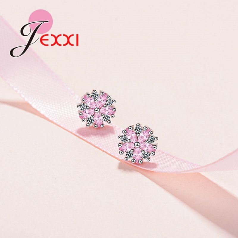 New Arrivals Summer 925 Sterling Silver Cherry Blossom Cute Stud Earringhs Mix White Pink Crystals Women Wedding Brincos