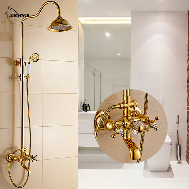 Antyczne złoto mosiężny kran łazienka prysznic garnitur europejski deszcz głowy retro ściana prysznic do montażu zestaw mosiądz zestaw akcesoriów łazienkowych