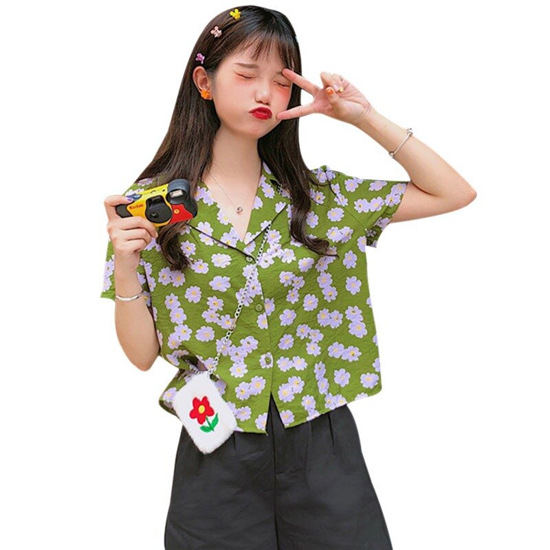 Blusa de verano de las mujeres Floral impreso giro-abajo Collar de pantalón corto casual de manga suelta Chiffon dulce blusa blusas de mujer de moda 2020