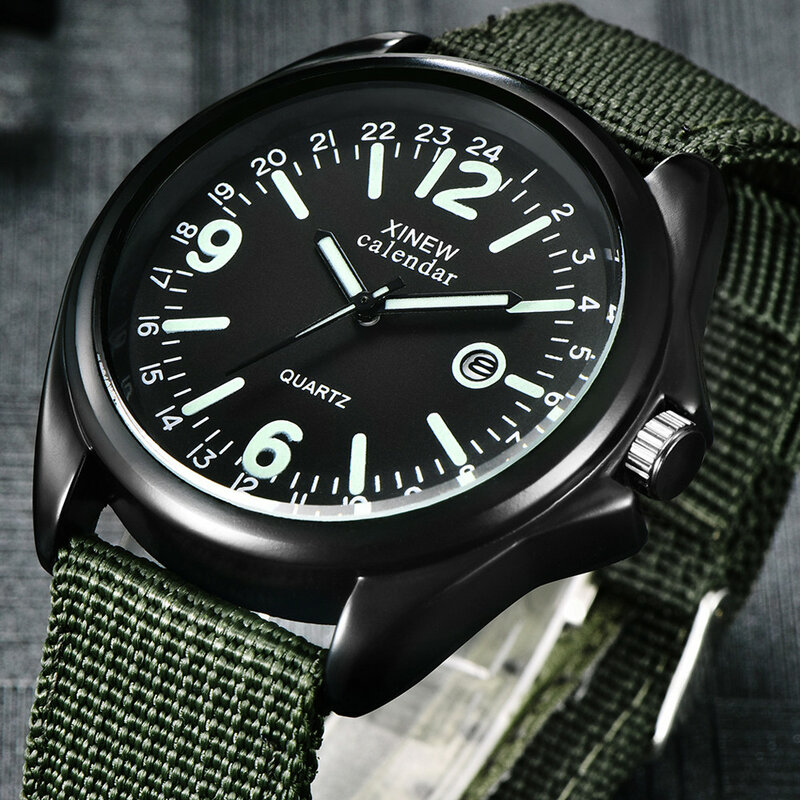 남성 빛나는 단어 포인터 멋진 시계 군사 석영 육군 시계 블랙 다이얼 날짜 럭셔리 스포츠 손목 시계, 남성 시계