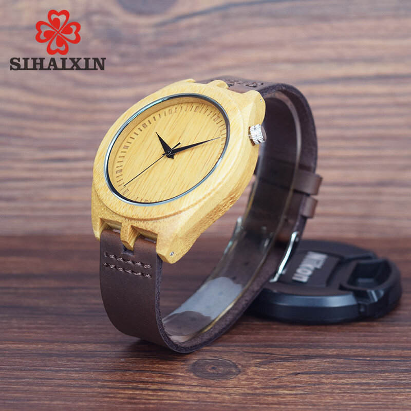 SIHAIXIN-ساعات كوارتز من الخيزران الطبيعي الأصلي ، مع سوار من الجلد الطبيعي في صندوق هدايا لمحبي الخيزران