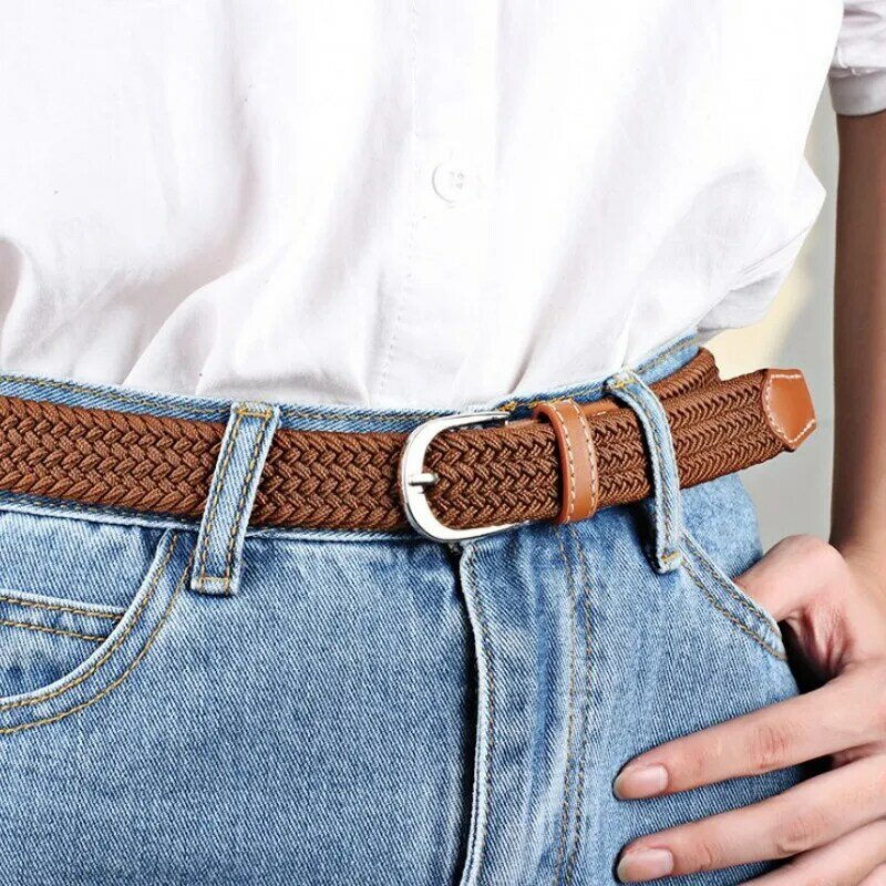 Para Hombre Mujer PU Cuero Lona Tejido Elástico Cintura Elástica Cinturón fino de Pasador y Hebilla