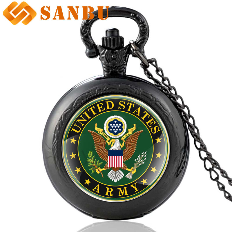 Reloj de bolsillo para hombre y mujer, pulsera de cuarzo con cabujón de cristal del Ejército de los Estados Unidos, a la moda, color negro, collar Vintage, relojes colgantes