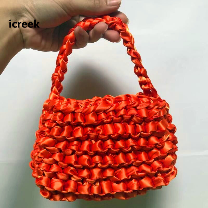 New arrival Fluorescent colot handbag Fashion Satin silk rope knitted bag stylish woven tote bag Holiday beach small retro purse