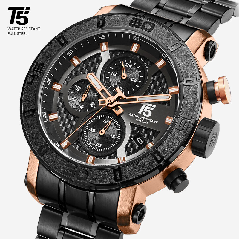 T5 relógio de pulso esportivo masculino, relógio de luxo com cronógrafo de quartzo em ouro rosê para homens, à prova d'água