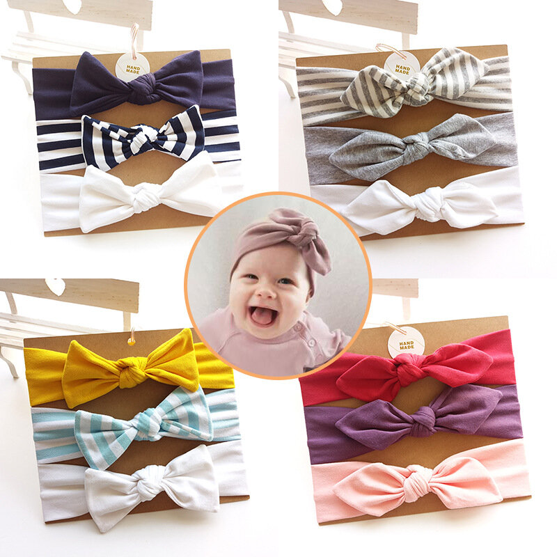 Ensemble de 3 pièces de bandeaux élastiques à cheveux en coton pour bébé,accessoire style turban avec nœud papillon, oreille de lapin, pour princesse, idée cadeau de Noël,