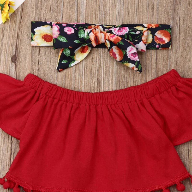 0-24M Toddler Baby Girl Summer 3Pcs Set Red Flared Short Sleeve Tassels Top+Floral Print Shorts+Headband Infant Dropshipping