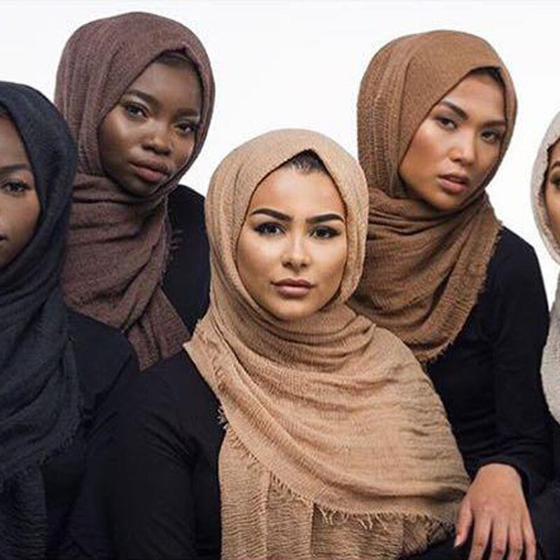 Hijab Kepala Muslim Syal Kualitas Baik Warna Solid Syal Panjang Wanita Kerut Polos Katun Berkerut Syal Wanita Berkerut